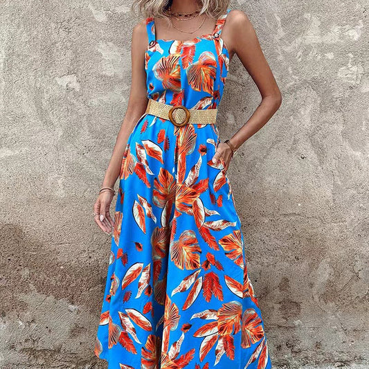 Women's Printed Waist Strap Vacation Jumpsuit